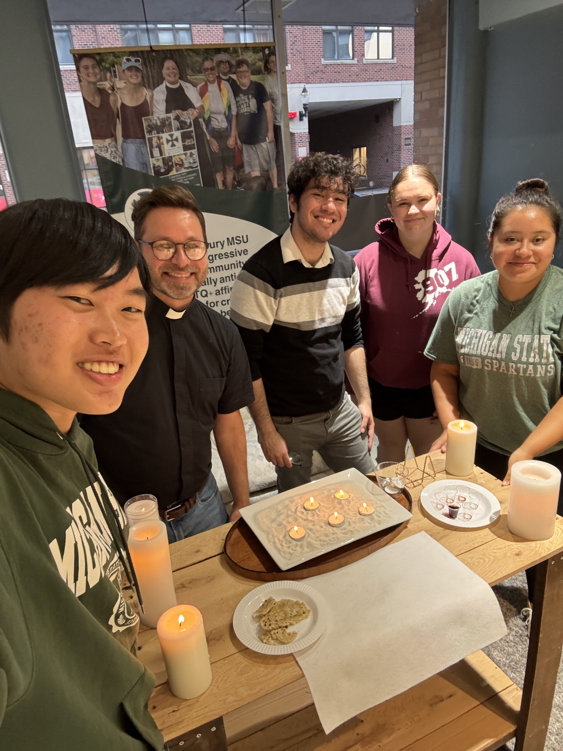 Students and volunteers outside Canterbury MSU at 225 MAC, East Lansing